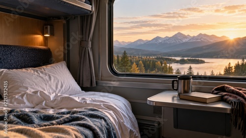Cozy sleeper train compartment with bedding and a mountain view