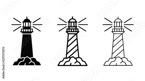 Vector illustration of set of lighthouse icons in different styles on a transparent background