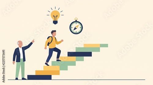 Mentor guiding young professional walking up stairs toward success flat vector illustration concept for career growth and business education