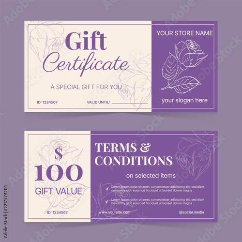 Elegant floral gift certificate template with rose line art