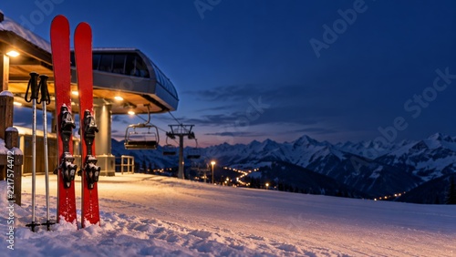 Red Skis and Silver Poles at an Empty Lift Station During Blue Hour