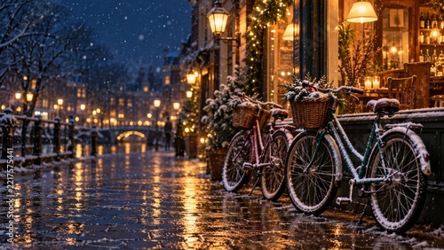 Snow Dusted Bicycles Beside a Warmly Illuminated Cafe Window After Dark