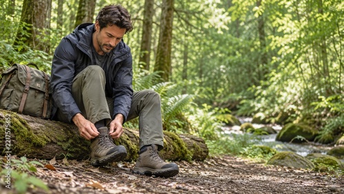 Man Tying a Hiking Boot while Sitting on a Mossy Fallen Forest Log