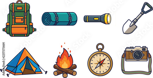 Camping and outdoor adventure vector icon set featuring cartoon backpack tent campfire compass flashlight camera shovel and sleeping mat elements