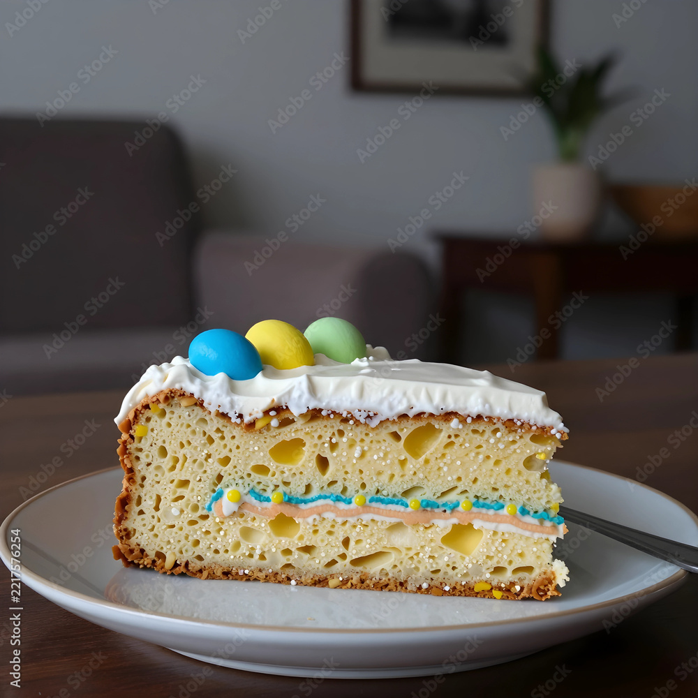 Fototapeta premium Easter celebration and holiday dessert, slice of sponge cake with colorful candy eggs and cream frosting served on a plate in a home dining room