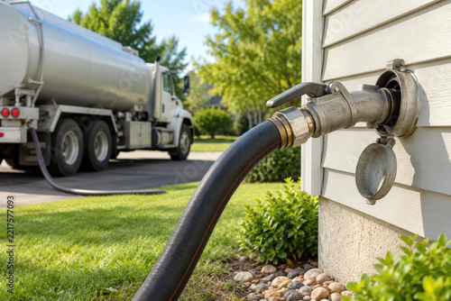 Heating oil delivery hose and nozzle connected to a house fill pipe with tanker truck behind - home heating oil delivery
