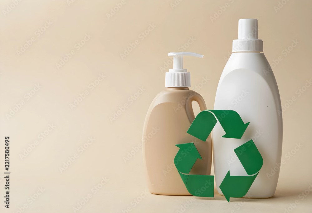 Fototapeta premium Sustainability and plastic recycling, eco friendly household cleaning products with green recycle symbol on a neutral beige background for environmental care