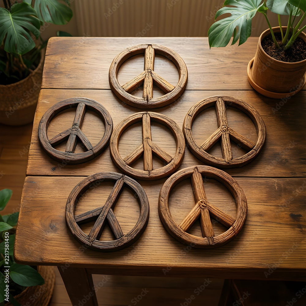 Fototapeta premium Peace and harmony concept wooden peace signs arranged on a rustic table with indoor plants for mindfulness meditation and social unity atmosphere