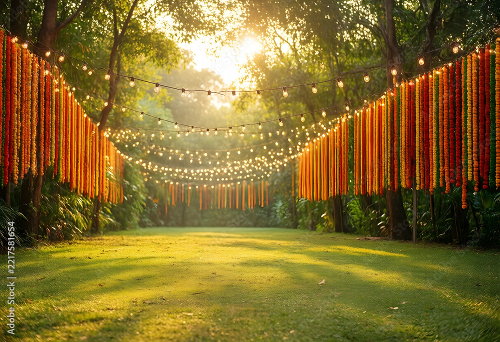 Fototapeta premium Wedding celebration and event planning, outdoor garden venue decorated with marigold flower garlands and hanging string lights at golden hour sunset