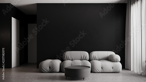 The house and living room with cozy sofa furniture and black wall
