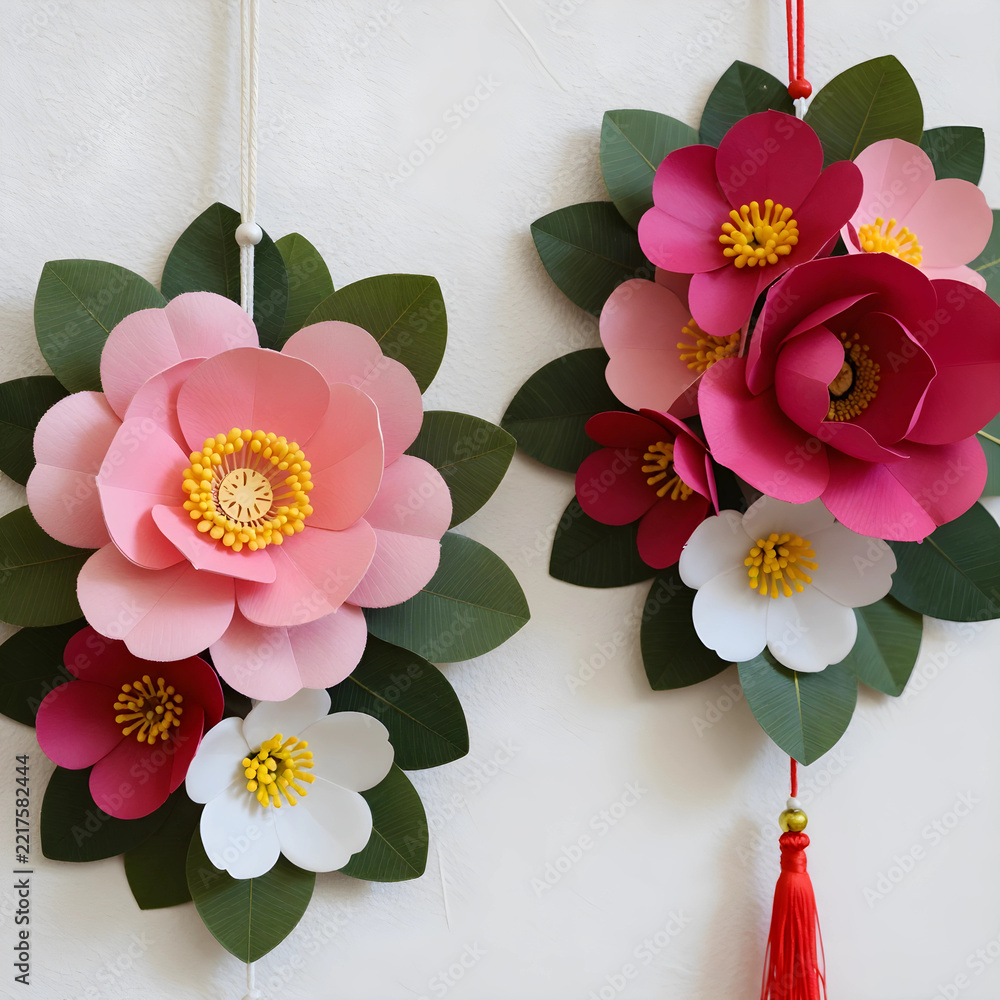 Fototapeta premium Lunar new year decoration, handmade paper flowers with camellia blossoms for spring festival and traditional asian home interior wall ornament