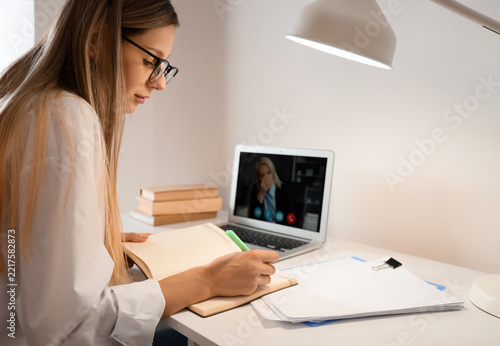 Remote work and online education, student attending virtual class or business...
