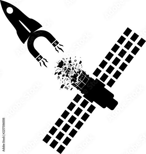 Satellite debris collector rocket with magnet cleaning broken satellite junk black silhouette vector icon isolated for astronomy