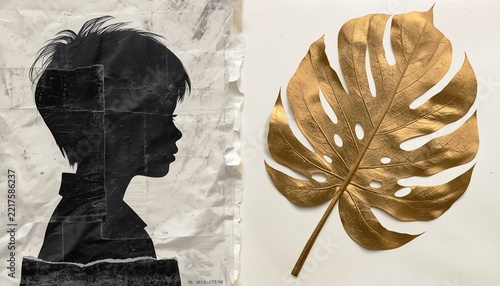 Black silhouette of child profile on crumpled paper beside golden monstera leaf on cream background, diptych art concept