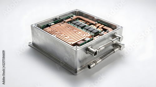 Electric vehicle thermal management housing with exposed copper cooling plate, battery electronics, and aluminum enclosure for EV systems