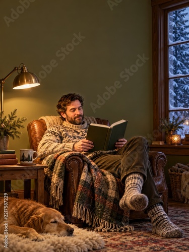 Man Reading a Book in a Comfortable Armchair on a Cozy Winter Evening
