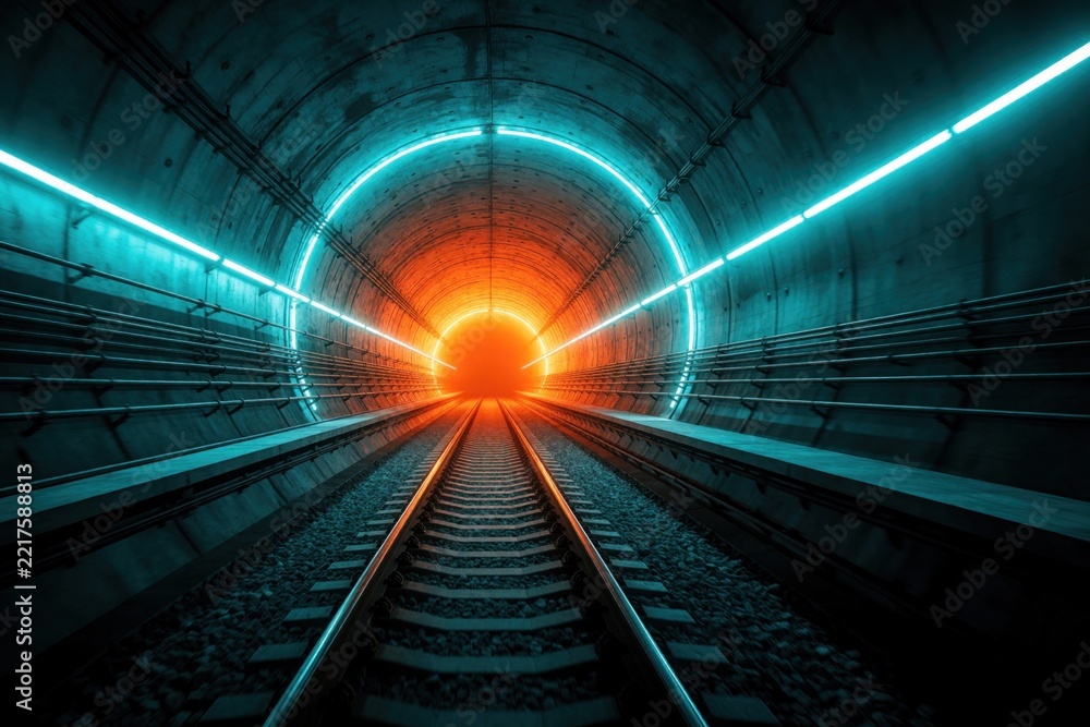 Fototapeta premium View through dark subway tunnel towards bright orange light. Modern train tracks lead into glowing center. Blue neon light strips line concrete walls. Perspective shot showing long underground