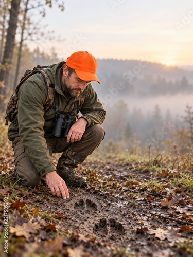 Hunter Kneeling to Examine Hoofprints in Mud at a Misty Woodland Sunrise