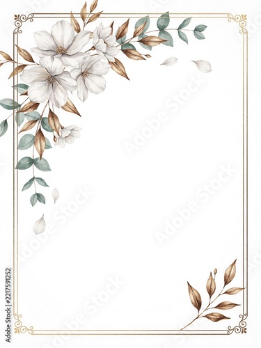 Elegant Watercolor Floral Border with Soft White Blossoms and Delicate Gold