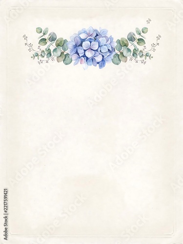Elegant Watercolor Blue Hydrangeas with Delicate Eucalyptus Leaves on Soft Cream