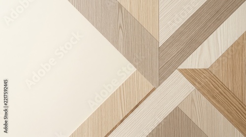 A geometric pattern is created using wood panels in a light beige and natural wood color scheme. The design features interlocking triangles and rectangles, creating a layered and textured effect.