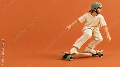 Folded Paper Male Longboarder in Cream Clothing Against a Rust Background