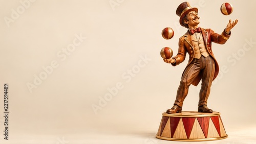 Carved wooden circus juggler balancing balls on a decorative pedestal