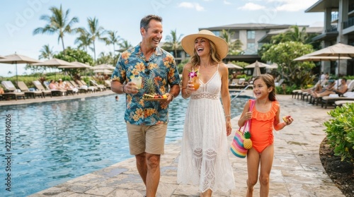 A happy family walks along a hotel pool area. A father, a mother, and a young daughter enjoy a tropical vacation.