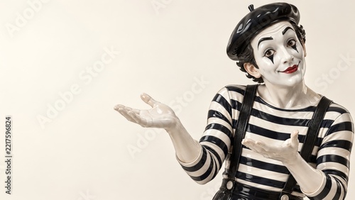Glossy porcelain mime in striped costume gesturing on cream background