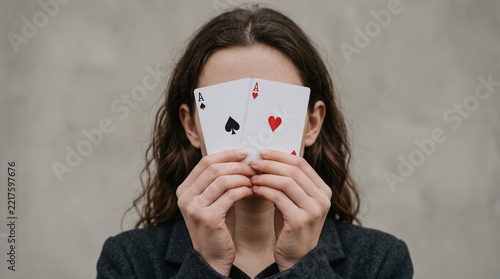 A beautiful young woman hides her face behind two Ace cards. A winning poker pair concept. A minimalist dark portrait with copy space.