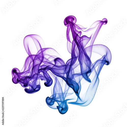Abstract swirling purple and blue smoke or ink diffusion in water, creating elegant fluid dynamic patterns for creative design backgrounds and art.