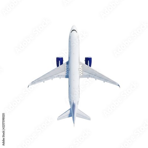 Modern white passenger airplane seen from above, ideal for air travel, aviation industry, or global transport concepts.