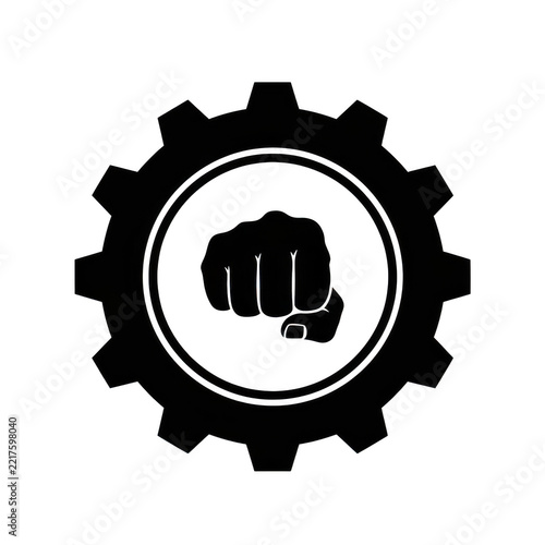 Black gear and fist icon symbolizing strength determination and industrial power is a strong bold graphic for corporate branding.