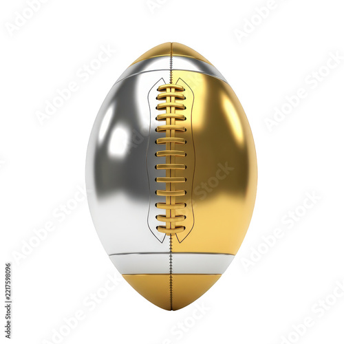 American football in gold and silver metallic finish with stitching for sports awards and trophy design.