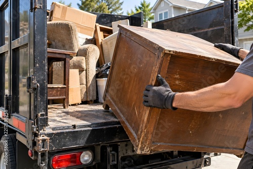 Professional Junk Removal Worker Loading Furniture Into Commercial Junk Removal Truck for Garbage, Rubbish, Waste, Debris, Furniture Removal and Junk Removal Service