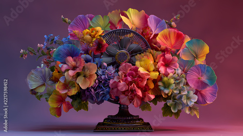Bouquet of various flowers and colorful petals arranged gracefully inside a vintage metal urn on gradient background.