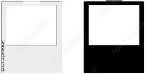 Two blank polaroid style photo frames with tape, one white and one black, arranged side by side for creative display of memories or photography projects isolated on transparent background