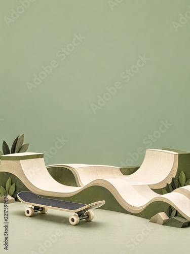 Paper Crafted Miniature Pump Track with a Skateboard on a Sage Background