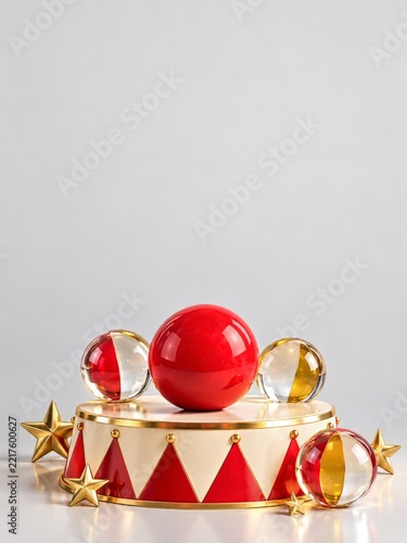 Glossy circus juggling balls on a red ivory pedestal with golden stars