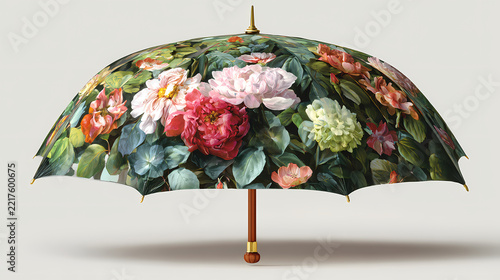Canopy umbrella decorated with lush painted peonies and green leaves displays artistic floral patterns.