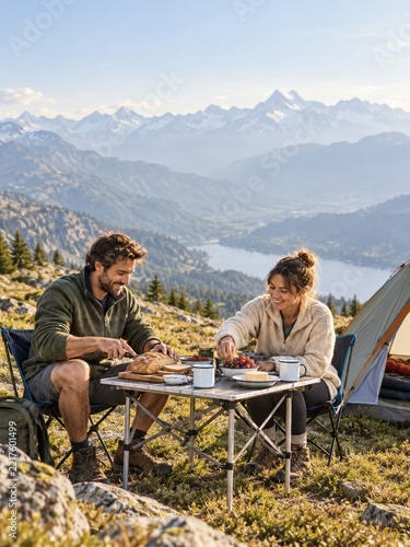 Couple arranging a simple lunch on a folding table at an alpine campsite