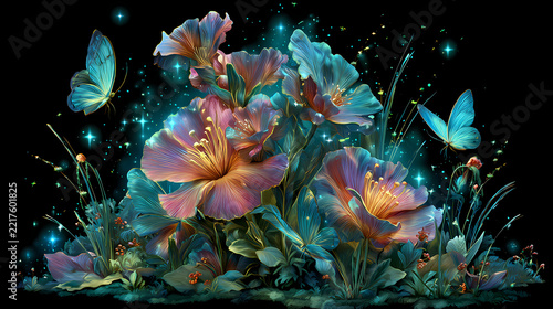 Magical blue flowers and butterflies bloom under starlight in an enchanted nighttime forest.