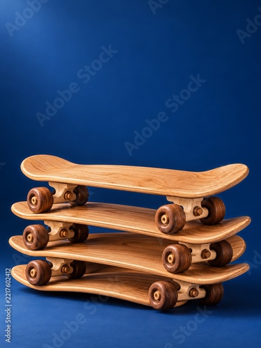 Stacked Carved Wooden Skateboards with Walnut Wheels Against Deep Blue