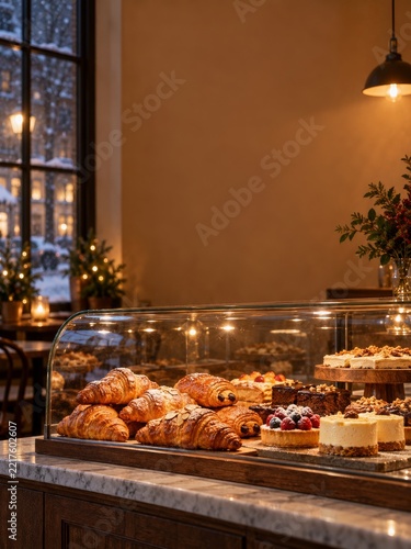 Cozy Cafe Pastry Counter with Croissants and Cakes on a Winter Night