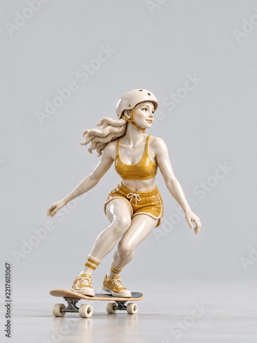 Glossy Ceramic Woman Skateboarder in Mustard Sportswear on Pale Gray