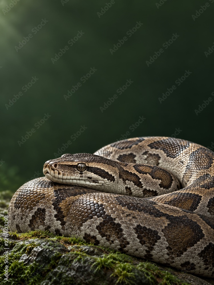 Obraz premium Gray and brown python coiled on moss beneath dark green portrait copy space