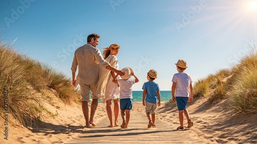 A family strolls along a sandy seaside boardwalk under bright summer sunlight. Wind tousles their casual clothing, capturing a relaxed coastal lifestyle moment.