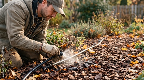 Gardener clearing garden irrigation system with compressed air in autumn garden bed