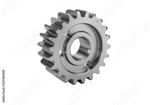 A single metallic gear with interlocking teeth and a central bearing, representing mechanics, engineering, and industrial processes.