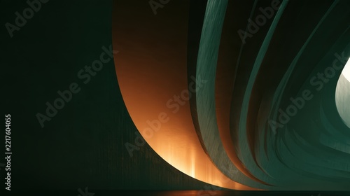 Minimalist view looking up into a grand, dark-green curved architecture. The internal structure is illuminated by a soft, warm amber glow from an unseen source, creating a sense of scale and depth.
